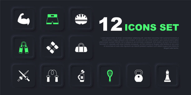 集重量，国际象棋，哑铃，网球拍，运动扩展器，跳绳，拳击短和高尔夫球袋与俱乐部图标。向量图片下载