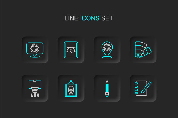 集线笔记本，铅笔与橡皮擦，图片，木画架，调色板指南，油漆喷雾，计算机设计程序和图标。向量图片下载