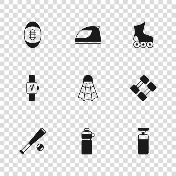 集健身摇床，哑铃，沙袋，羽毛球羽毛球，轮滑，美式橄榄球，赛车头盔和智能手表与心脏图标。向量图片下载