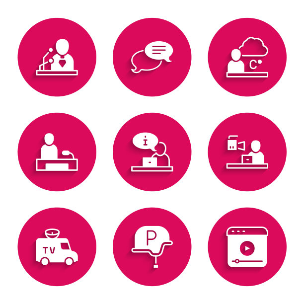 集电视报道，战争记者，直播，突发新闻，电视新闻车，天气预报和图标。向量图片下载