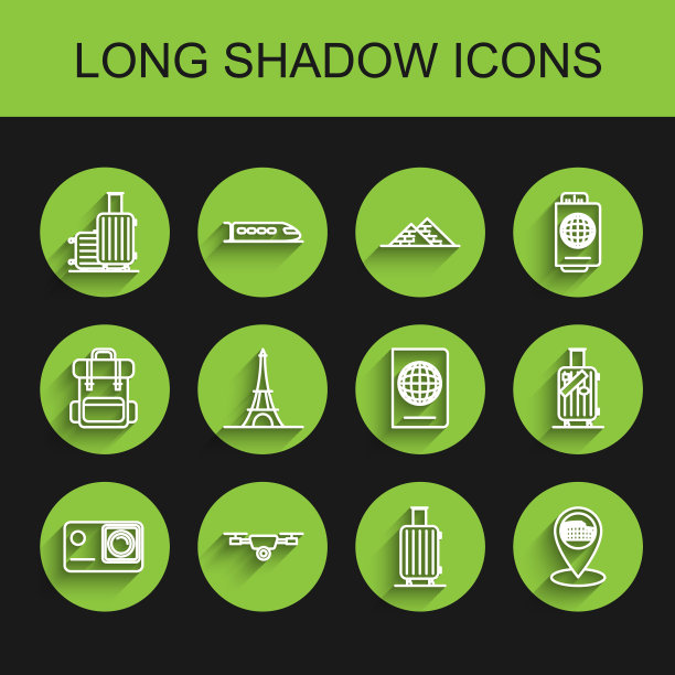 套装系列:动作极限相机，带动作视频的无人机飞行，旅行行李箱，地图指针，意大利罗马竞技场，埃菲尔铁塔，贴纸和护照生物识别数据图标。向量图片下载