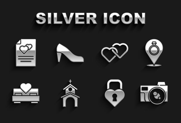 集教堂建筑，结婚戒指，照相机，城堡的形状的心，卧室，两个相连的心，贺卡和女人鞋的图标。向量图片下载