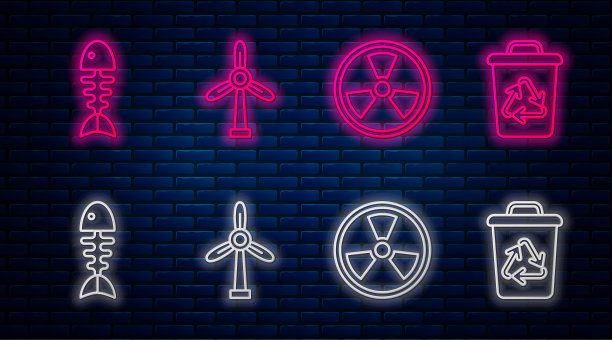 设置线风力涡轮机，放射性，鱼骨架和回收站与回收符号。砖墙上发光的霓虹灯图标。向量图片下载