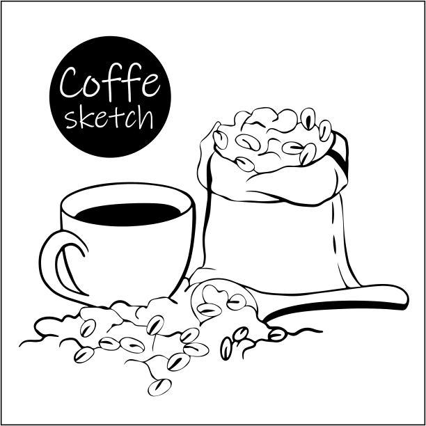 黄麻袋和分散的咖啡豆与杯热图片下载