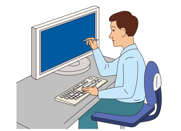 一名男子正在使用台式电脑和平板笔图片下载
