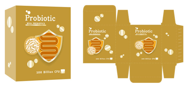 包装设计，膳食补充剂容器上的标签与益生菌概念盒模板和模型盒，插图矢量。图片下载