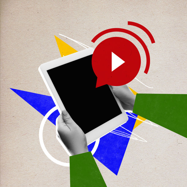 海报。当代艺术拼贴。手握空白的写字板与语音气泡隔离背景与几何图形的工艺纸效果。图片下载