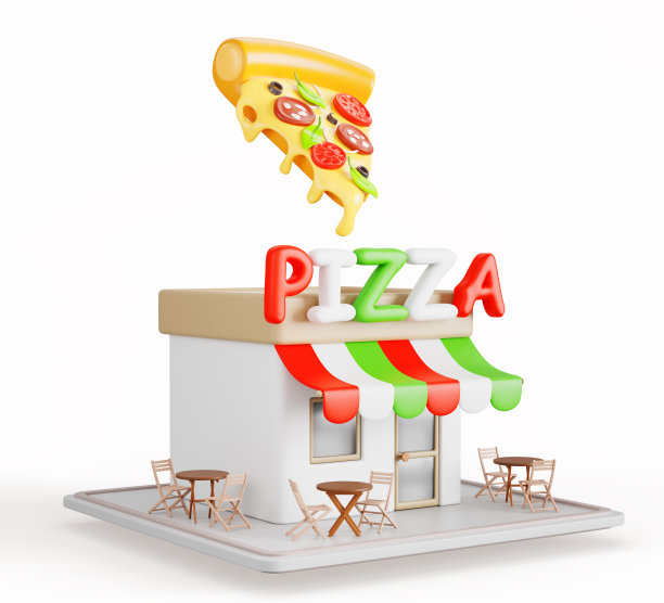 等长比萨餐厅建筑，快餐店咖啡厅店铺3d渲染。街上有桌子和座位的意大利小酒馆。小型商业摊位，披萨和条纹树冠外观图片下载