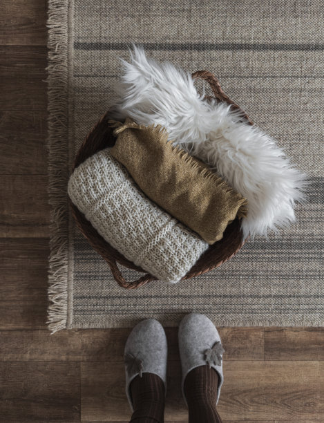 篮子里有毯子，女人的脚穿着袜子和拖鞋放在地毯上，俯视图图片下载