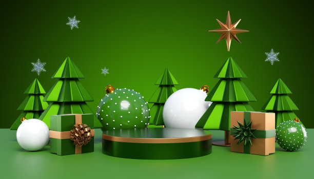 讲台四周是绿色背景上的圣诞树和圣诞装饰球。三维渲染图片下载