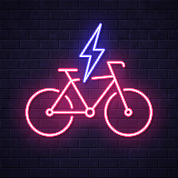电动自行车负责。在砖墙背景上发光的霓虹灯图标图片下载