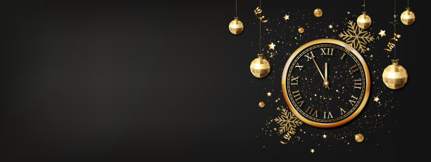 圣诞和新年贺卡与新年时钟，球，雪花，丝带和五彩纸屑。图片下载