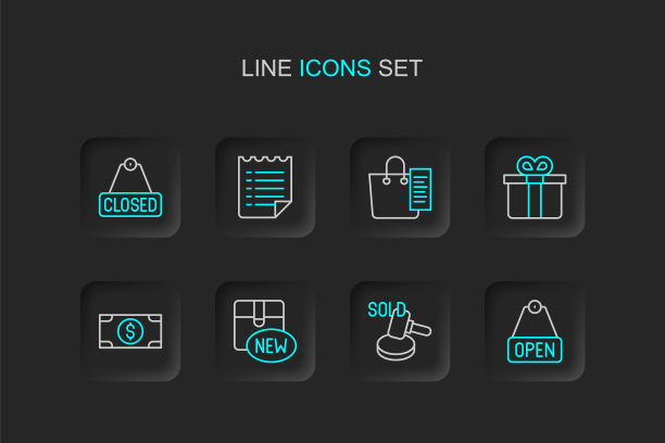 设置线悬挂标志与文本打开，拍卖锤，新收集，堆栈纸钱现金，礼品盒，购物清单，愿望模板和关闭图标。向量图片下载