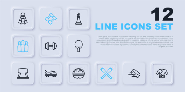 设置线冰球，和服，哑铃，交叉棒球棒，保龄球瓶，足球鞋，和自行车头盔图标。向量图片下载