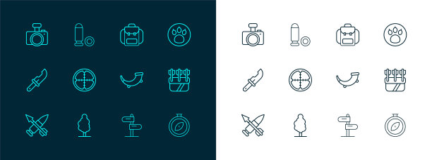 集线爪搜索，树，狩猎号角，道路交通标志，狙击光学瞄准镜，徒步背包，照相机和子弹图标。向量图片下载