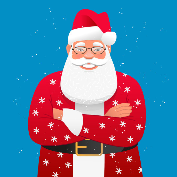 快乐的圣诞老人双臂交叉站在那里。一个白发苍苍的老人，穿着圣诞老人的衣服。新年贺卡。图片下载