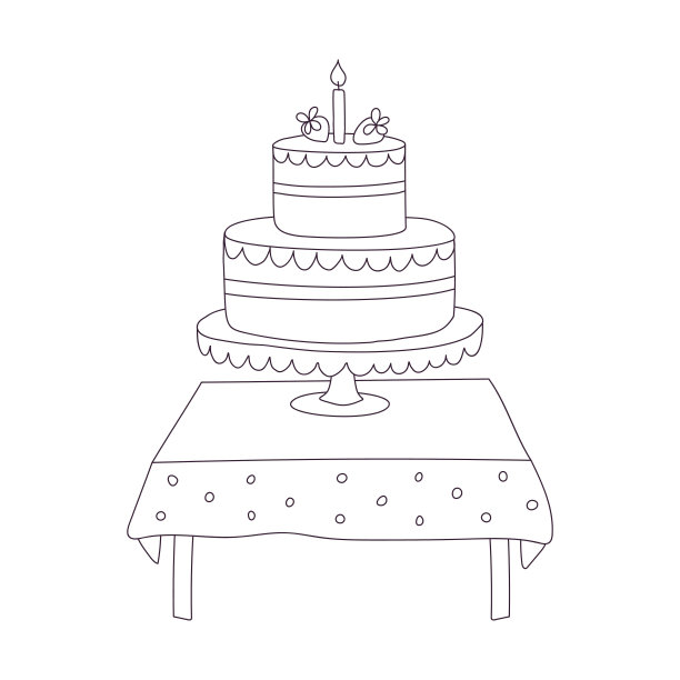 手绘生日蛋糕，上面放着蜡烛，铺着桌布。甜食，甜点。象征着庆祝。轮廓涂鸦矢量黑色和白色插图孤立在一个白色的背景图片下载