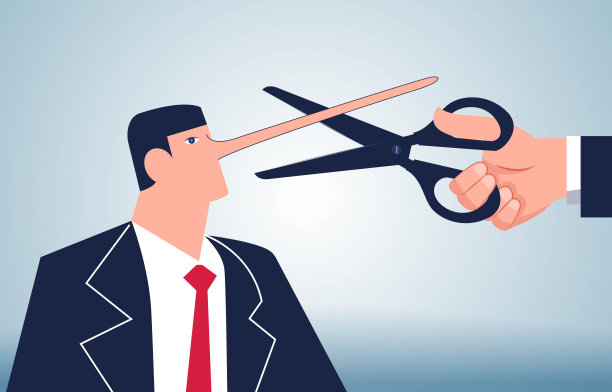 识破谎言、不诚实、骗局;戳破虚假新闻、信息或公告中的漏洞;用剪刀剪掉商人的长鼻子图片下载