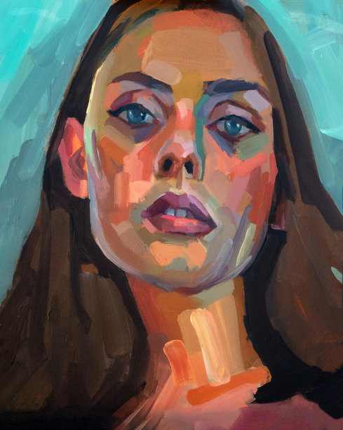 美丽的年轻女孩肖像画插图在浅蓝色背景上的油图片下载