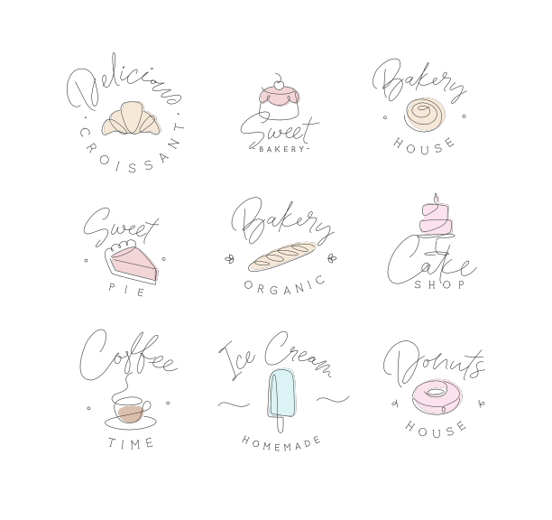 线性面包店和甜点标签与字母图片下载