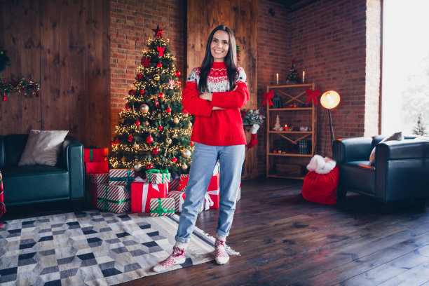 照片肖像可爱的黑发女郎抱臂自信的穿着装饰毛衣新年温馨的家室内圣诞树图片下载