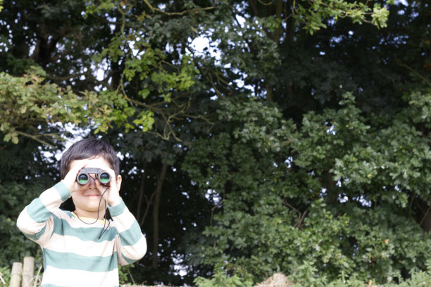 小男孩用放大镜和双筒望远镜在室外林地草地上实验野生动物、鸟类和昆虫。图片下载