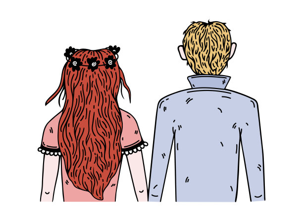 新娘和新郎，婚礼仪式后视图。身穿礼服、头戴花圈、蓬松红发的妻子握着西装丈夫的手。聪明的一对，刚刚结婚。平面卡通矢量涂鸦图片下载