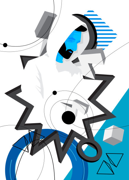 蓝色，白色和黑色几何图形复古海报与男性头部，胸部雕像。最小的几何元素与人胸像雕塑。复古形状模板。图片下载