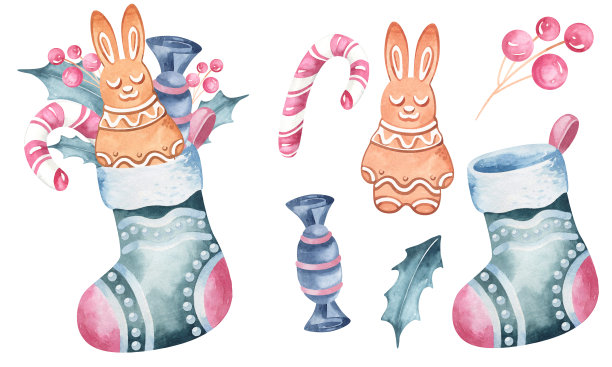 圣诞袜里有礼物。水彩儿童插画图片下载