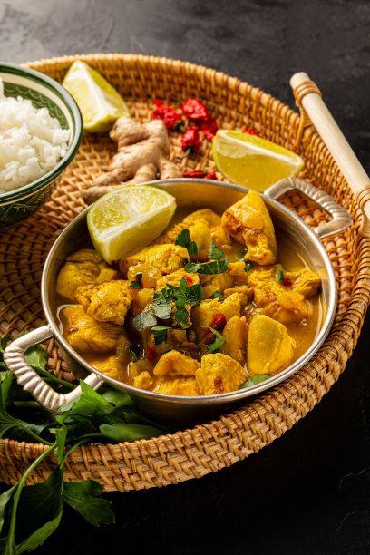 鸡肉咖喱酱和米饭在黑色背景，印度食品垂直照片图片下载