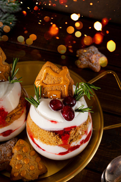 一杯圣诞甜点，姜饼饼干，鲜奶油和黑背景蔓越莓，金色散景的垂直照片图片下载