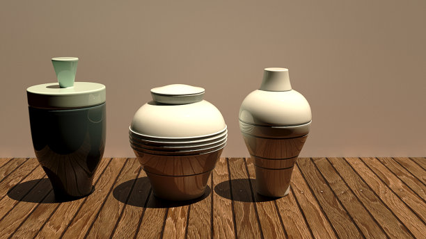 古代装饰陶瓷花瓶的形式在一个质朴的陶罐粘土，三维渲染高品质的形象。图片下载