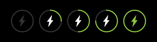 一套带闪电符号的圆形电池充电指示器。电量从0到100%。快速无线充电技术。矢量图图片下载