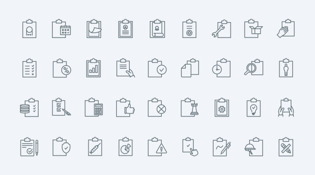 剪贴板上的文件细线图标集，任务列表和医疗表格，批准的项目图片下载