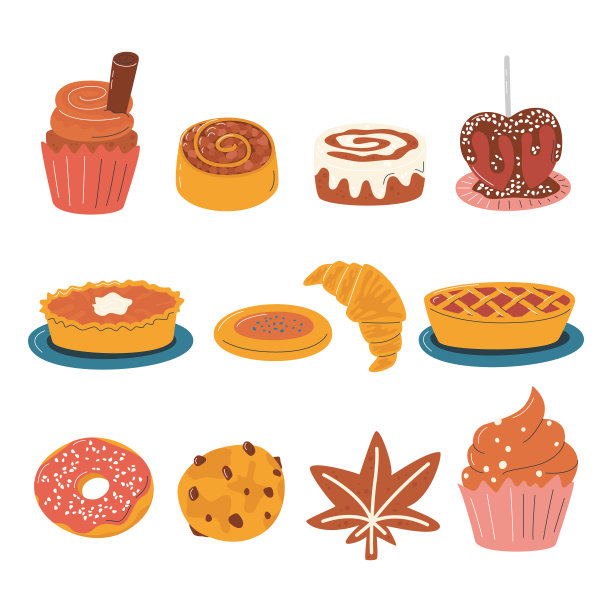 美味的秋天风味甜点设置孤立的白色图片下载