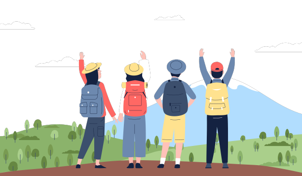 徒步旅行的朋友们站在岩石上的年轻人群图片下载