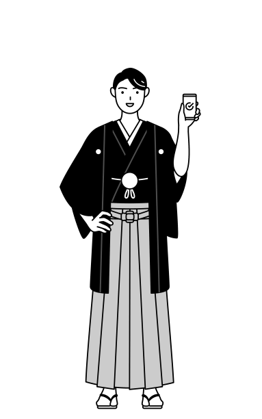 一名男子穿着带冠的袴服，正在使用智能手机图片下载