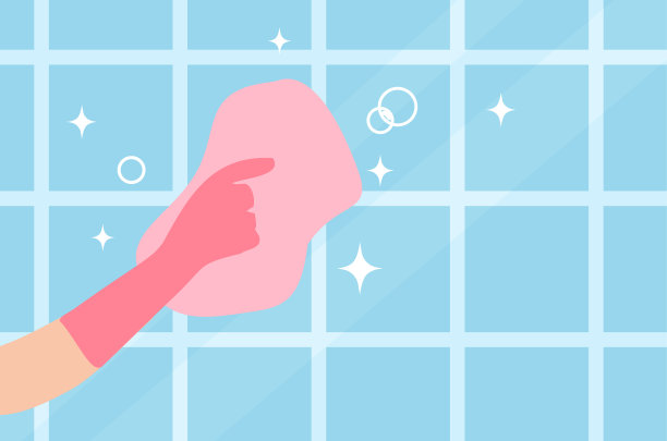 手戴手套拿海绵与泡沫和泡沫清洁窗口或墙壁矢量插图。清洁房屋和清洁服务理念图片下载