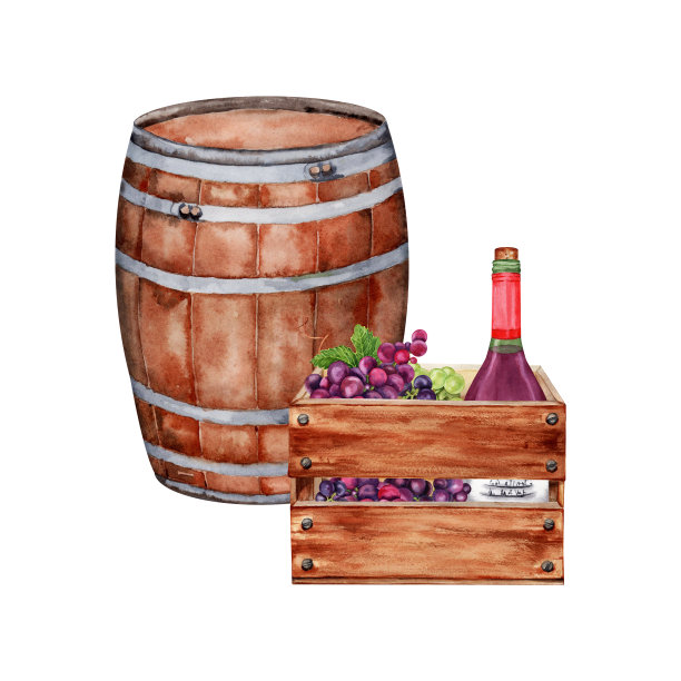 酒桶、木条箱由一串串葡萄和一瓶红酒组成。水彩插图孤立的白色背景。手绘设计元素的卡片，菜单，邀请图片下载