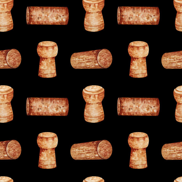 无缝图案与选择如果香槟和葡萄酒软木塞设计元素。手绘水彩插图孤立在黑暗的背景。卡片、印刷、纺织、布艺、包装纸设计。图片下载