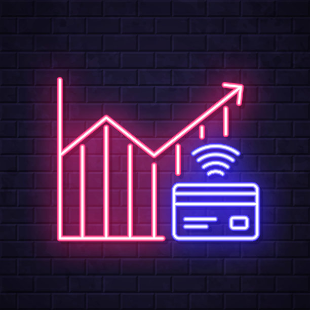非接触式支付增加图表。在砖墙背景上发光的霓虹灯图标图片下载