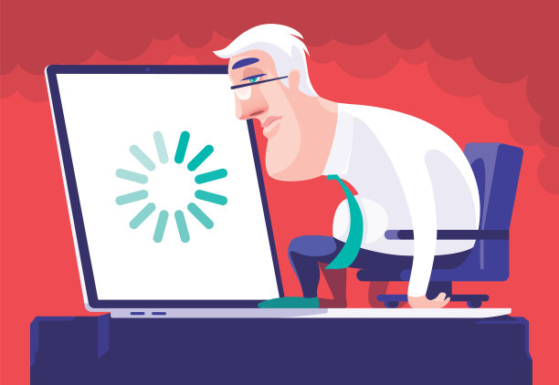 昏昏欲睡的资深商人看着笔记本电脑上的加载图标图片下载