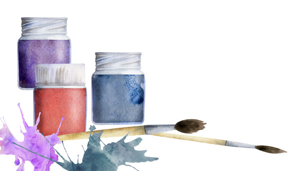 水彩画手绘插画，儿童儿童颜料材料用品，水粉油墨丙烯用刷子，泼墨。成分孤立在白色上。用于学校，幼儿园，聚会，卡片，网站图片下载