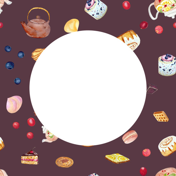 水彩茶壶和巧克力甜点卡图片下载