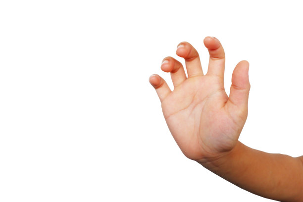 一个小男孩的手在白色的背景上做着触摸东西的手势。图片下载