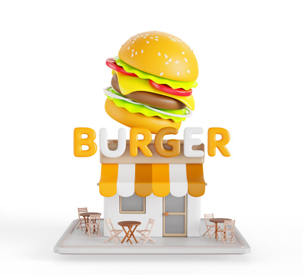 汉堡餐厅建筑立面等长3d渲染模型。街边快餐店，桌子和椅子都在露台上。小吃店有遮阳篷，前面的标志和汉堡包的图标图片下载