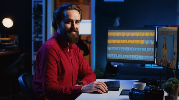 图片编辑在完成图像的色彩分级后休息，用智能手机放松图片下载