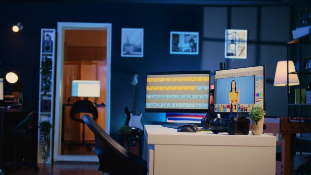 在空荡荡的后期工作室里，电脑上的照片修图软件界面图片下载