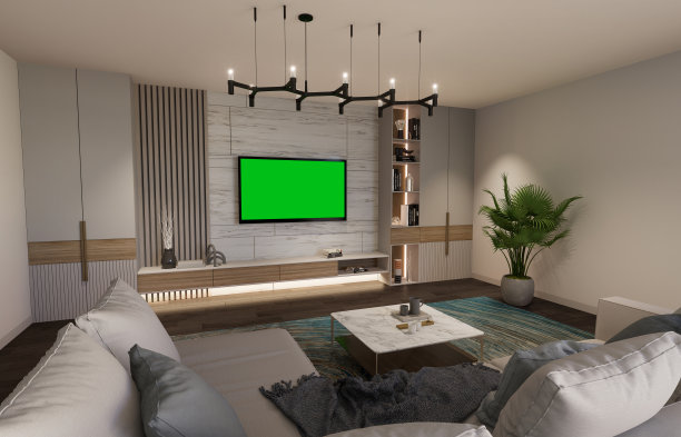 3 d渲染。电视区在一室公寓在现代极简主义风格。绿色电视屏幕。图片下载