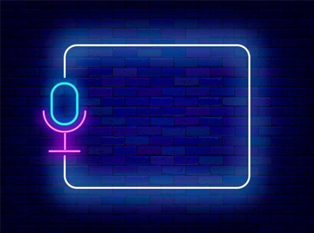 播客霓虹灯公告。直播事件。麦克风和白色框架。喜剧表演。矢量股票插图图片下载